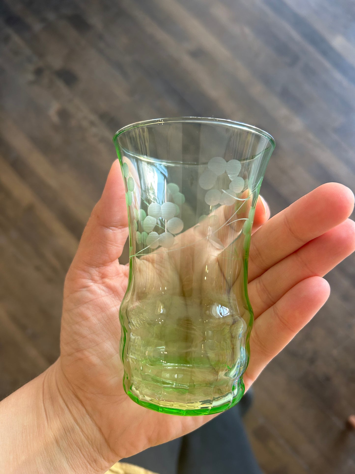 Green Floral Motif Etched Glass Pair