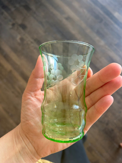 Green Floral Motif Etched Glass Pair